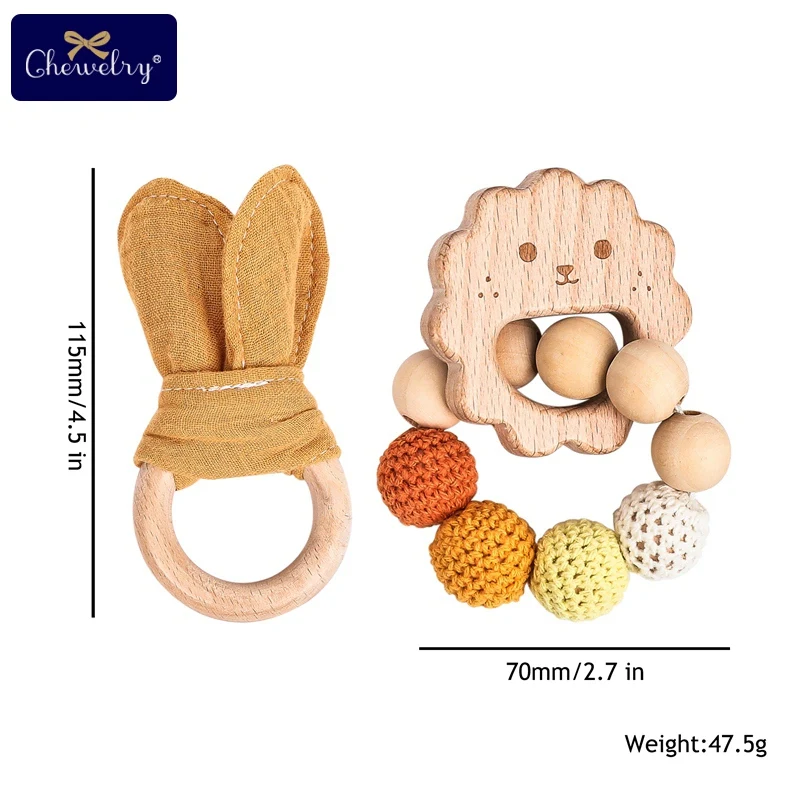 1Set Baby Toys Wooden Teether Bracelet Crochet Beads Hand Teething Rattles Bunny Ear Play Gym Stroller Children's Products | Мать и