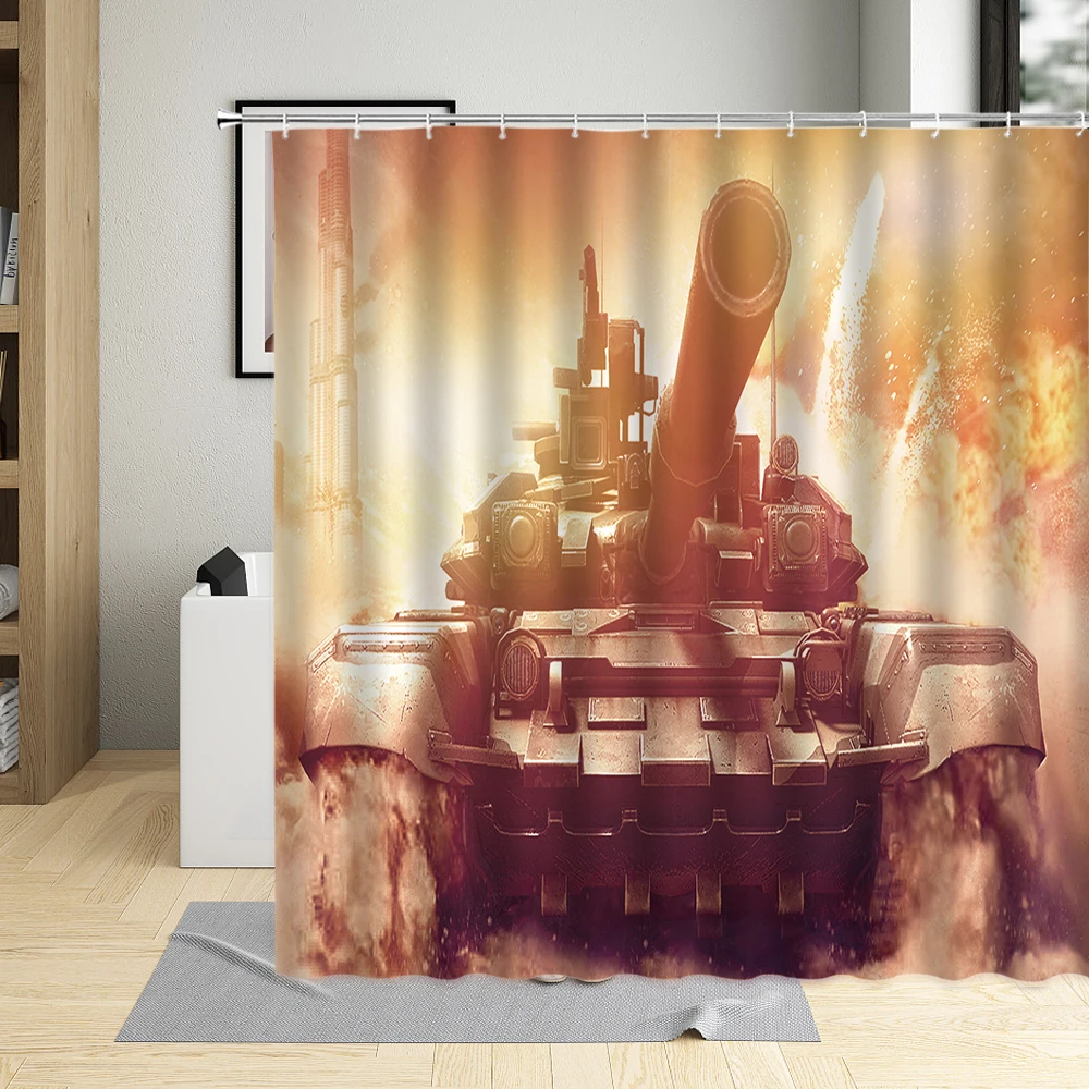 

Tank Battle Shower Curtain Smoke Fog Flame Printing Bathroom Waterproof Polyester Bathtub Home With Hooks Washable Fabric
