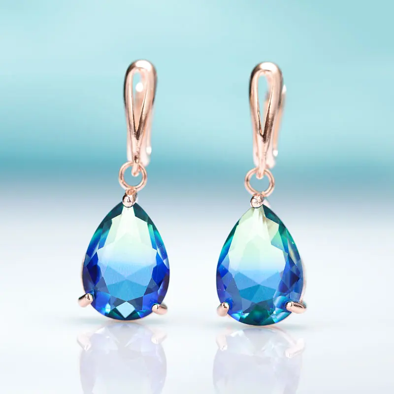 gold green blue MAIKALE New Water Drop Gradient Blue Long Earrings Women Fashion Rose Gold Fine Jewelry Tourmaline Zircon Glass Dangle Earrings - Окраска металла: gold green blue