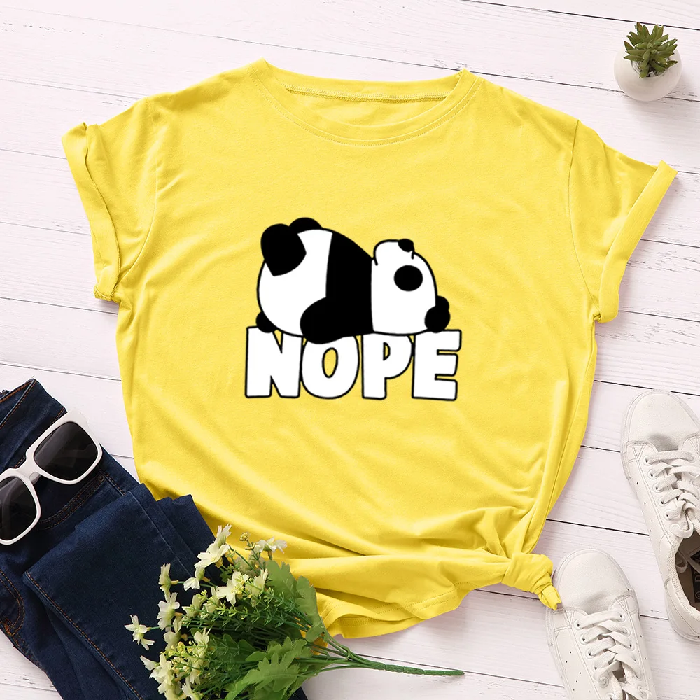 

Cute Panda Graphic Tees Women Cartoon Funny Nope Letter Print Large Size Tshirt Harajuku Short Sleeve Cotton Basic Tops Ladies