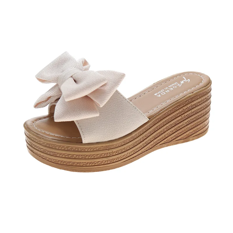 

Shoes Woman 2021 On A Wedge Slippers Summer Butterfly-Knot Low Shale Female Beach Pantofle Sabot New Rome Rubber Hoof Heels Basi