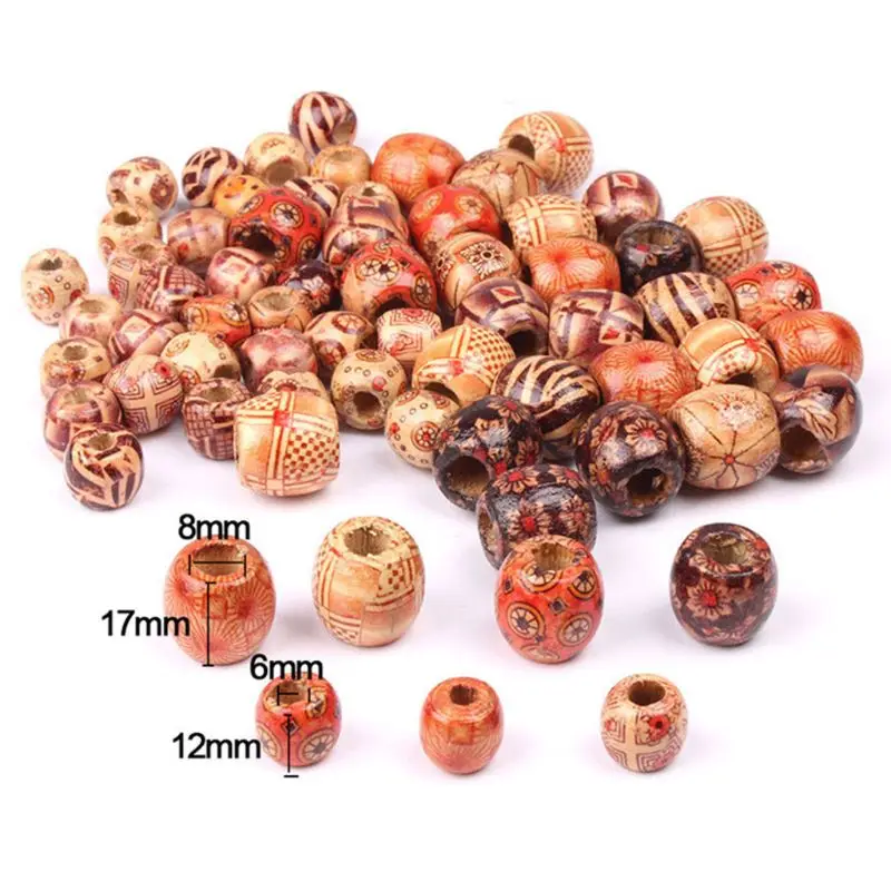 

50Pcs Ethnic Mixed Painted Drum Wooden Hair Beads Loose Dreadlock Braiding Ball DIY Jewelry Making Craft Bracelet My11 21