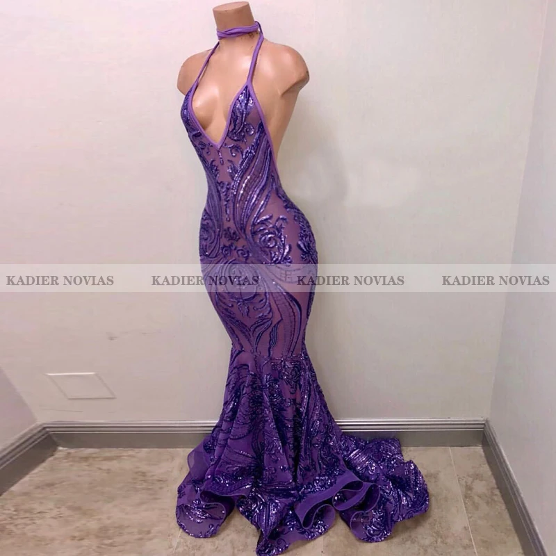 

KADIER NOVIAS Long Sexy Backless Halter Prom Dresses 2021 Sequin Lace Sweep Train Sleeveless Evening Gown Vestido De Fiesta