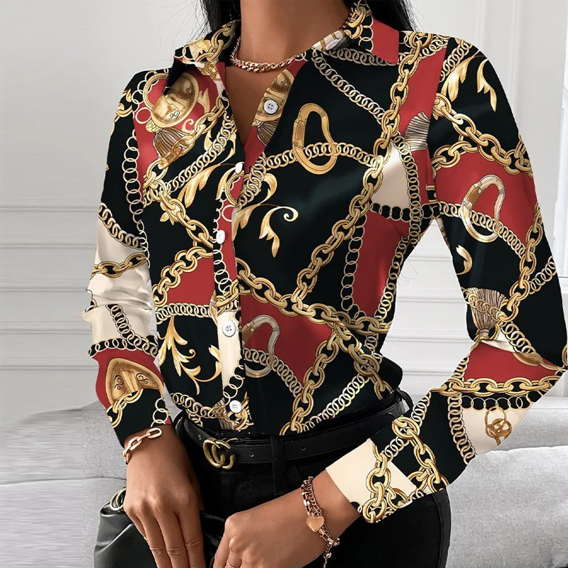 

2021 Summer Print Blouse Shirts Women Pink Vintage Long Sleeve V Neck Spring Casual Top Shirt Sexy Fashion Loose