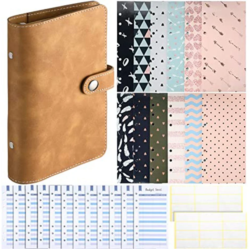 

A6 PU Leather Notebook Binder 6 Ring Binder Sets,12 Budget Envelope Systems,12 Expense Budget and 24 Bill Plan Labels