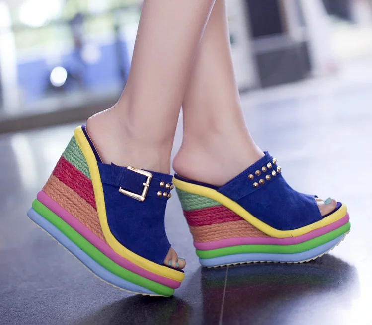 

Women Wedges Shoes 2021 New Summer Bohemia Casual Rainbow Peep Toe Platform Sandals Slippers Womens Sexy Mules Party High Heels