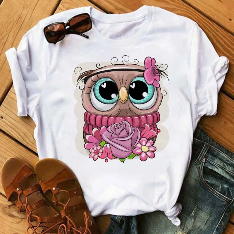 

Cute Owl Print Women Tshirt Summer Harajuku Short Sleeve White T Shirts Women Casual Round Neck Tops Female Girl Clothes