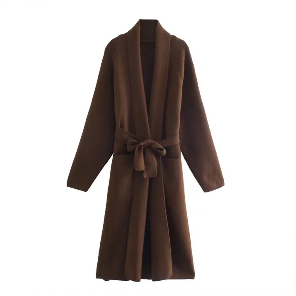 

Women 2021 New Fashion Nightgown belt core-spun yarn Jacket Coat Vintage Long Sleeve pocket Female Outerwear Chic Tops