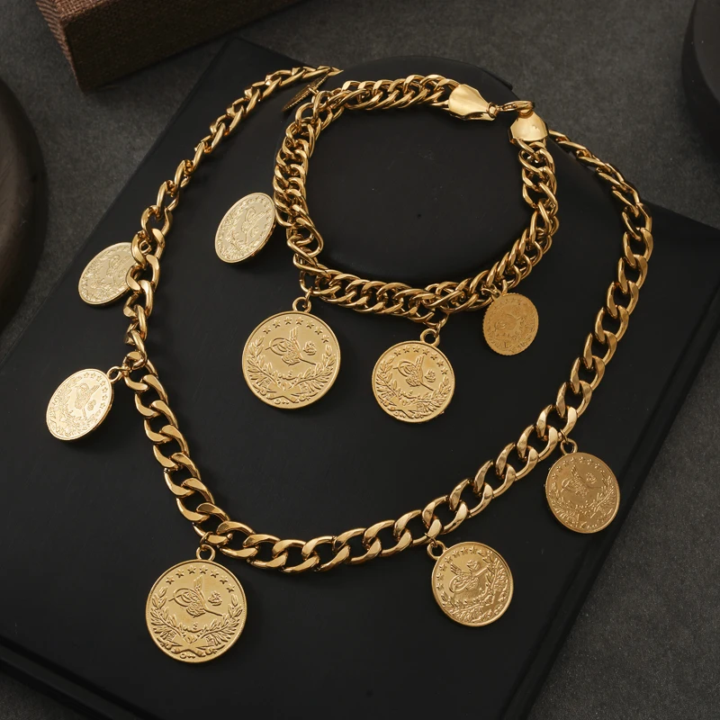 

Cuba Necklace Chain Ancient Coin Designs Turkish Style Men Women Necklace Bracelet Set Unisex Golden Wedding Jewelry