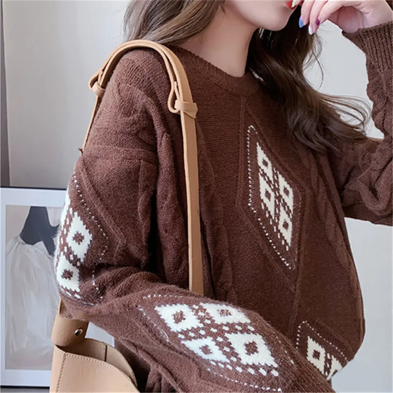 

Retro Diamond LatticeJacquard Sweater Women 2020 Autumn And Winter New Korean Version Loose Pullover All Match Sweater C259