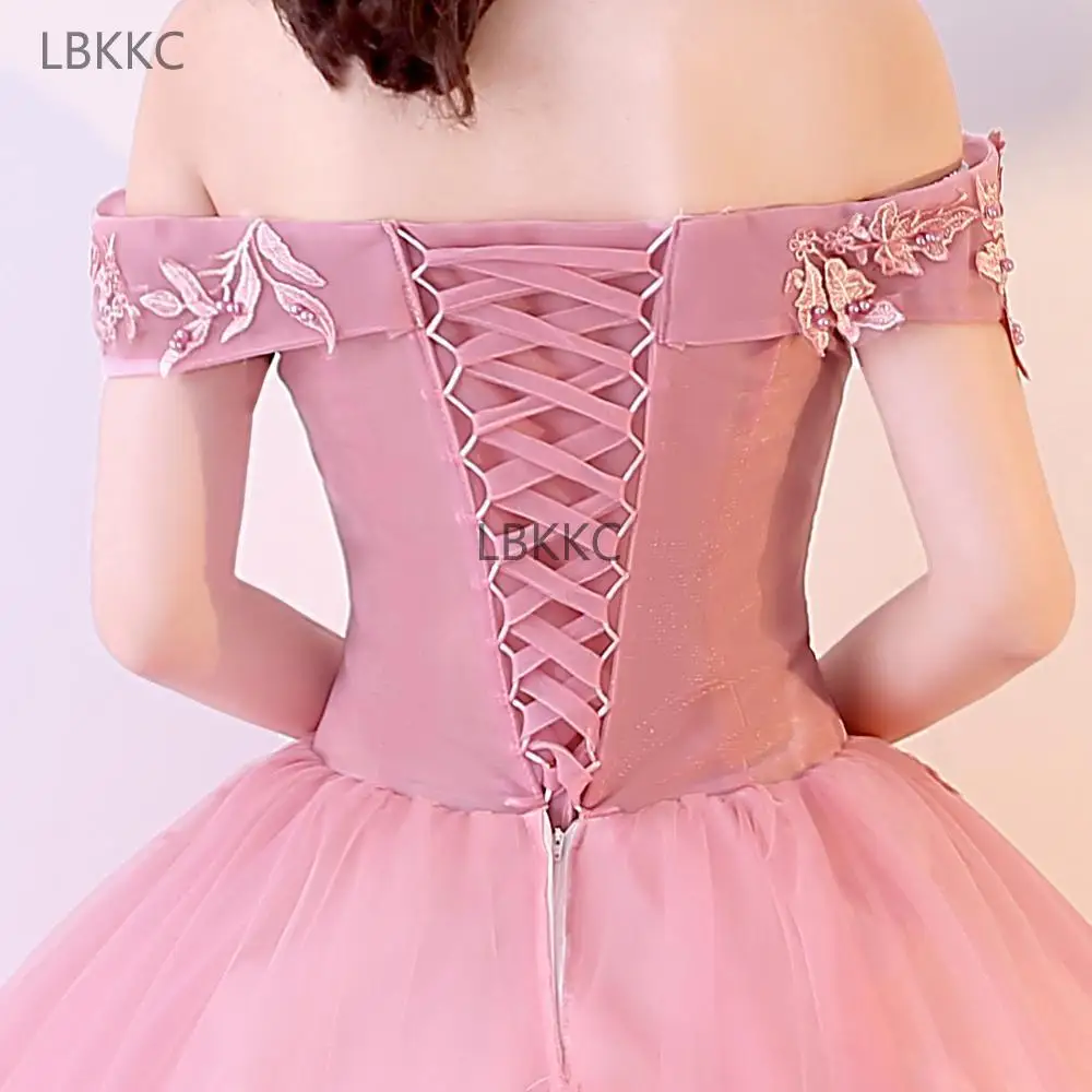 Розовое платье для девушек милое Тюлевое с кружевом и жемчугом платья выпускного
