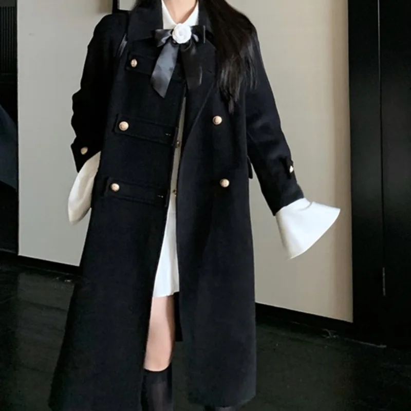 

Women Coat Jacket Autumn And Winter New Lapel Woolen Coat Breasted Long Bow Long Sleeve Korean Wool Coat Women