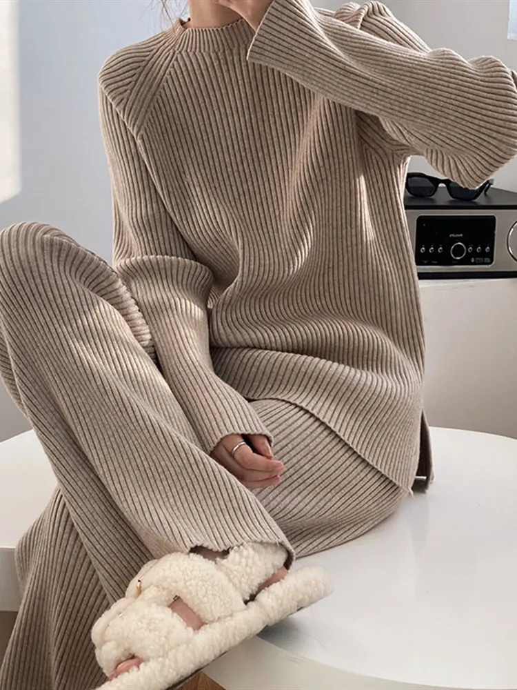 

Women Tracksuit 2 Piece Set Autumn Winter Korean Jumpers Pullover O-Neck Split Sweater Tops Wide Leg Pant Suits Knitted Pullover