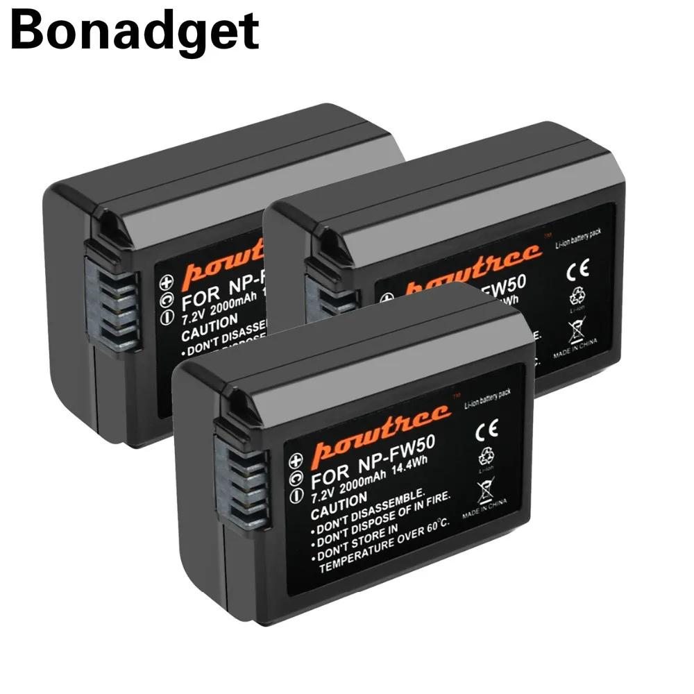 Bonadget For Sony 3PCS 7.2V 2000mAh NP-FW50 NPFW50 NP FW50 Camera Battery Alpha 6500 6300 6000 5000 3000 a7R a7S II a7II | Электроника