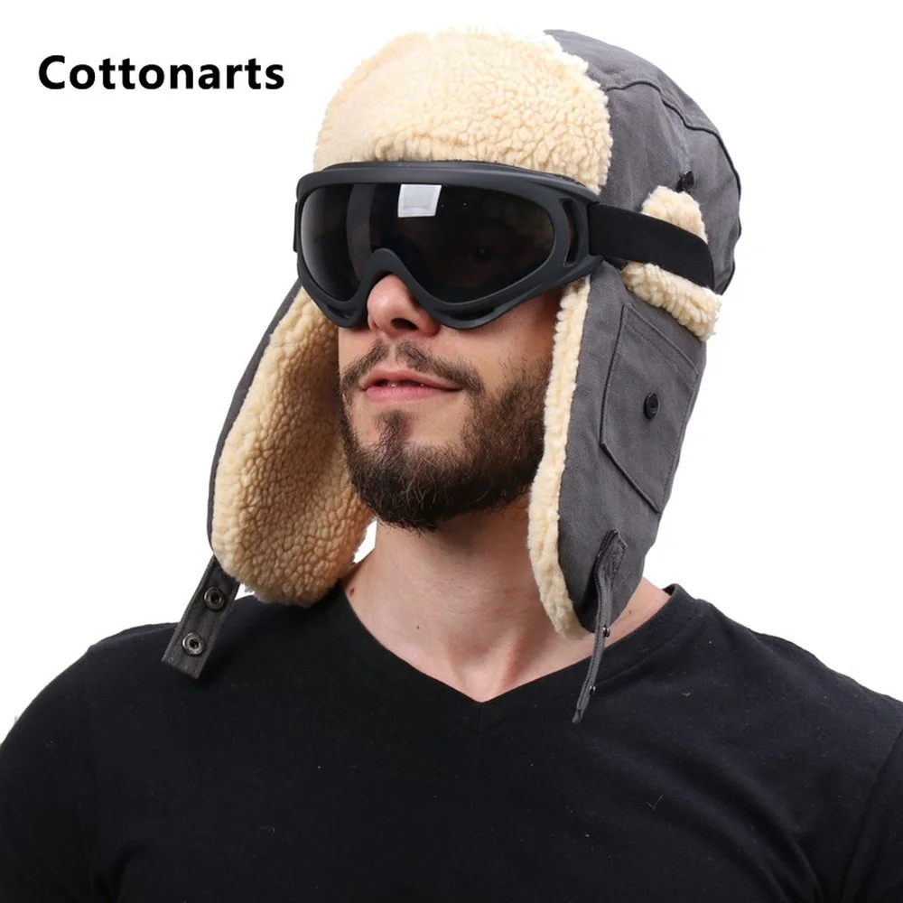 

Men's Lei Feng Hats Windproof Outdoor Ski Cap Thickened Ear Trucker Cap Canvas Lamb Wool Pocket Decoration Winter Hat Hunter Hat