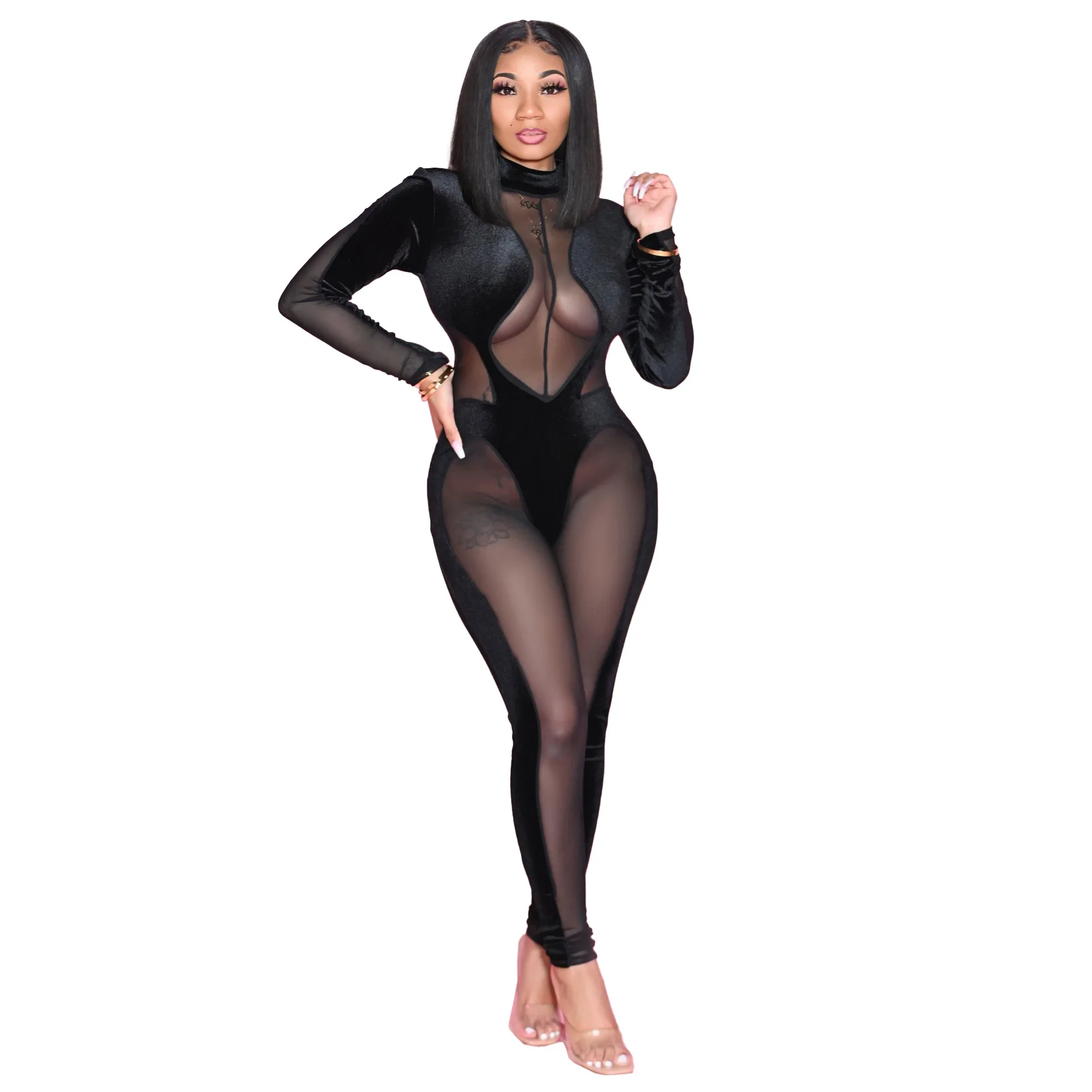 

Sexy Fitness Wear Sheer Mesh Patchwork Holiday Evening Party And Club Skinny One Piece Pants Trousers Women Jumpsuits Rompers