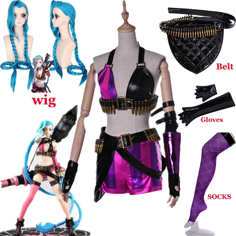 

HOT! Game LoL Crit Loli Jinx Cosplay Costume Jinx Original Skin Magical Uniforms Blue Wigs Hair For Women Girls Party Clothing
