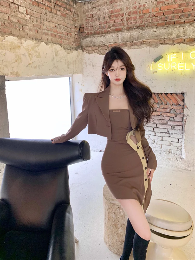 Hot Girl Suit Goddess Temperament Niche Irregular Design Coffee Color Tube Top Dress Short Autumn Coat Rac | Женская одежда