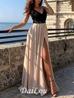 a line color block prom formal evening dress spaghetti strap sleeveless sweep train chiffon with lace insert split front 2021