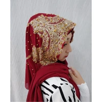luxury beaded chiffon scarf hijab women solid soft long muslim scarves islam wraps head scarf turkish turban shawl headscarves