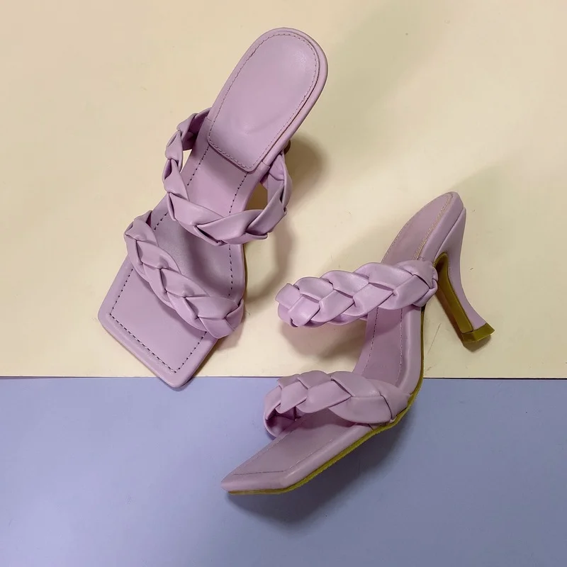 

New Summer New Women Slipper Fashion Brand Weave Sandal Shoes Thin High Heel Narrow Band Ladies Elegant Dress Slides