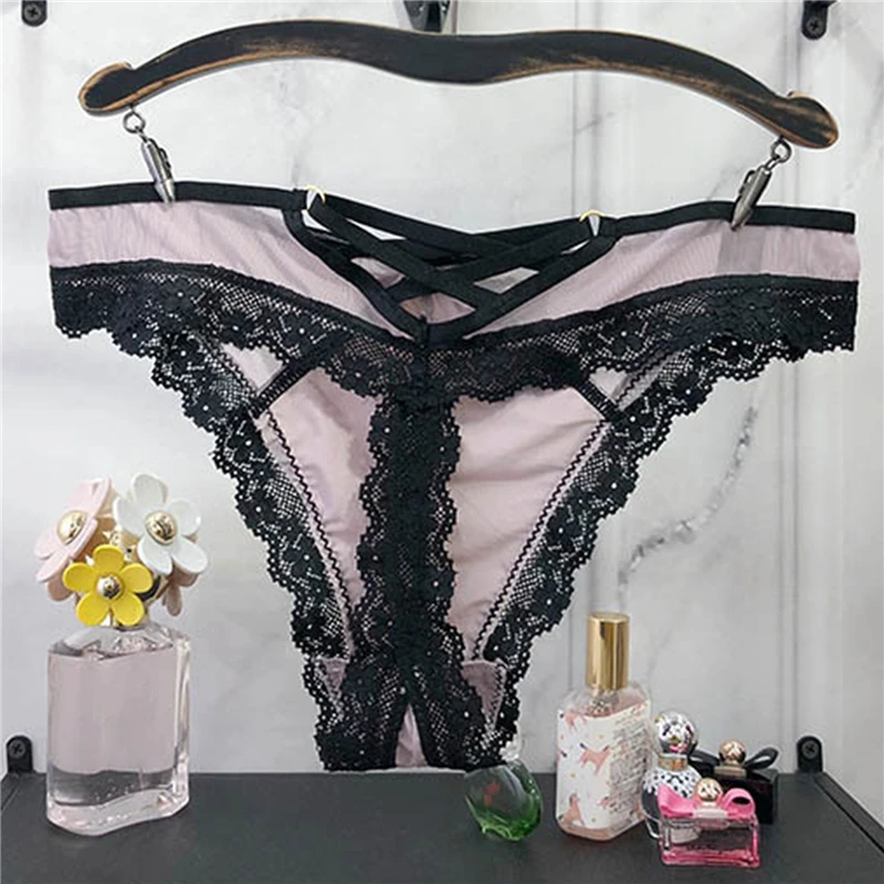 

Ladies Lace Lingerie Sexy Cross-Belt Thong Women's Bowknot Briefs Hollow Out Seamless Panties Women G-String For Feminal