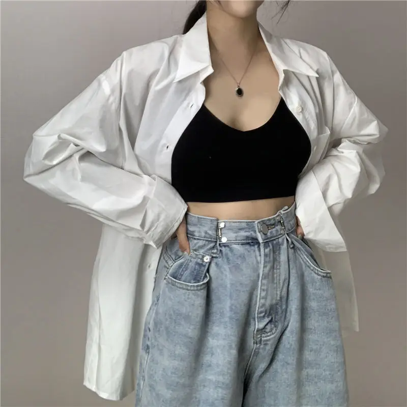 

Shirts Womens White Blouses Classic Basic Boyfriends Oversize Plus Size 4XL Pockets Loose Casual Vintage All-match Ulzzang Tops