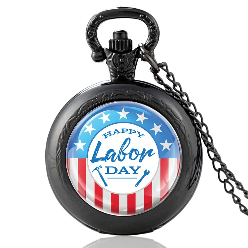

Classic United States Happy Labor Day Vintage Quartz Pocket Watch Men Women Glass Dome Charm Pendant Necklace Hours Clock Gifts