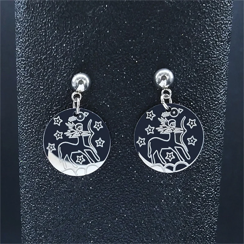 

2022 Stainless Steel Horoscope Sagittarius Earrings Women Silver Color Small Stud Earrings Jewelry aros mujer oreja E9202S03