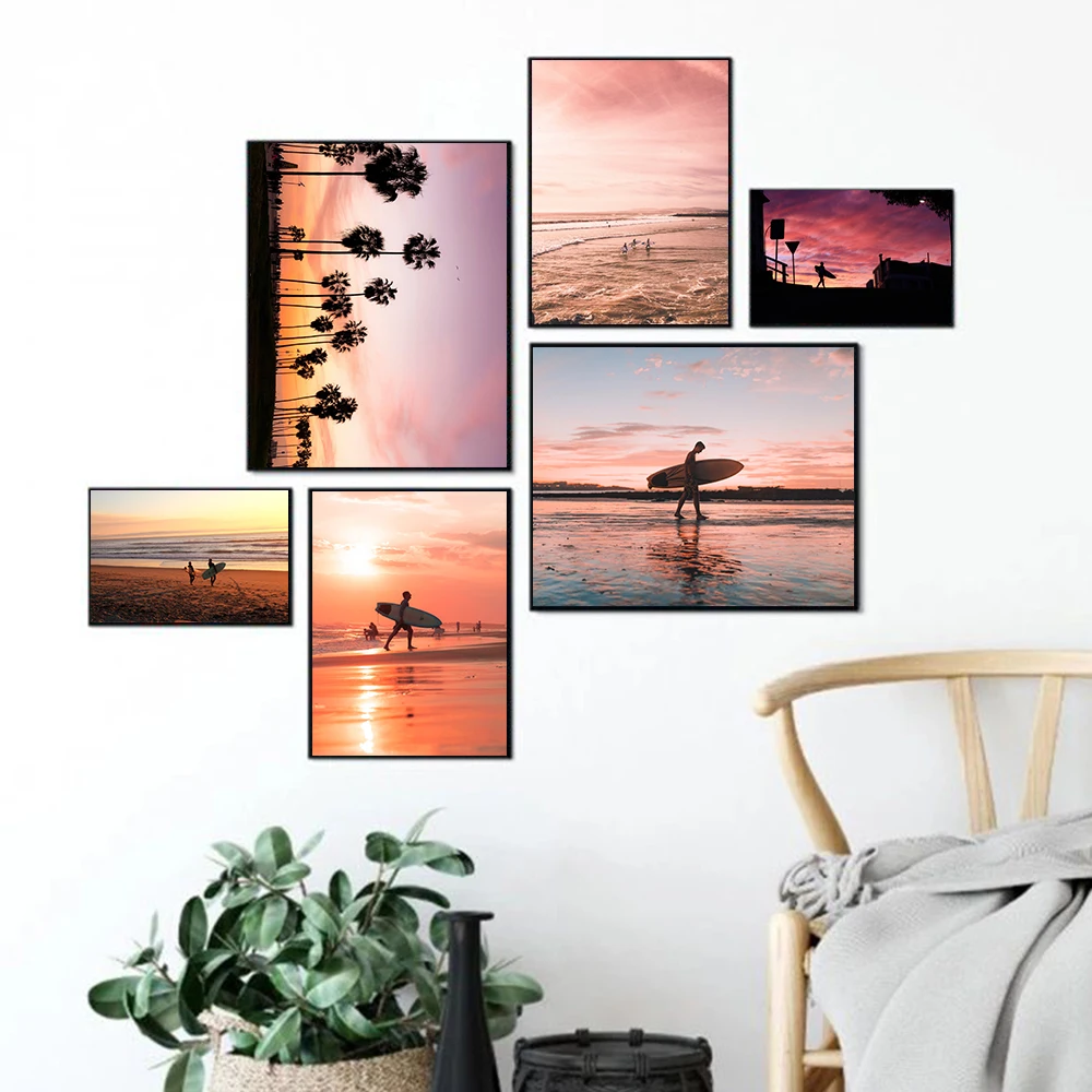 

Pink Sunset Beach Coconut Tree Surfboard Wall Art Canvas Painting Nordic Posters And Prints Pictures For Living Room Home Decor