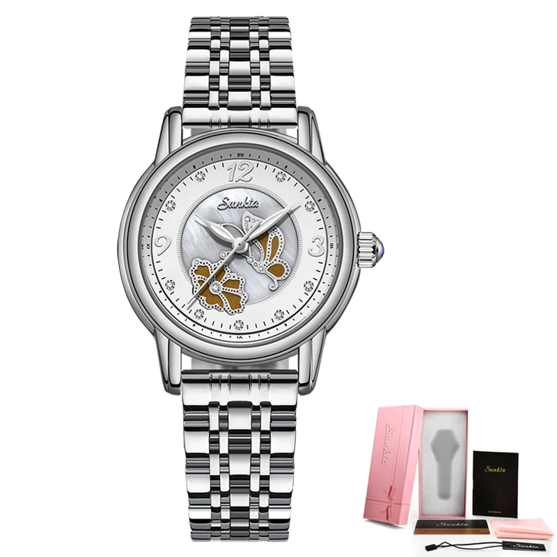 

SUNKTA Silver White Women Watches Business Quartz Watch Women Simple Fashion Dress Women Watch Girl Clock Relogio Feminin+Box