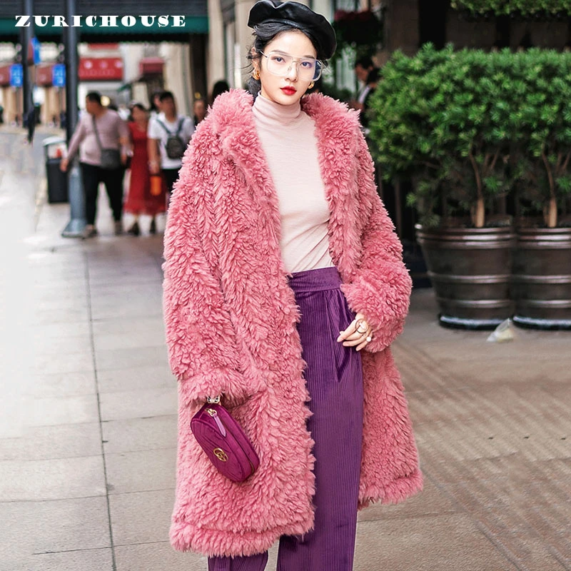 

ZURICHOUSE Brand Furry Winter Coat Women Long Warm Plush Outwear 2021 Street Stylish Pink Faux Fur Lambswool Jacket Female P3567