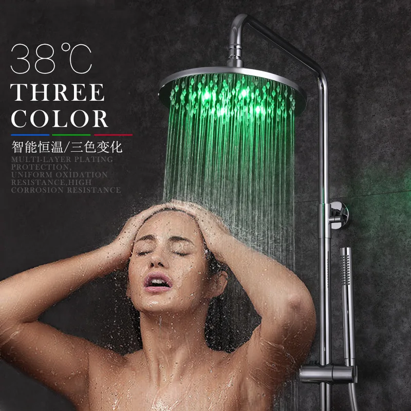 

print famous brand LED three function thermostatic shower over copper with the glow color flower is aspersed suit