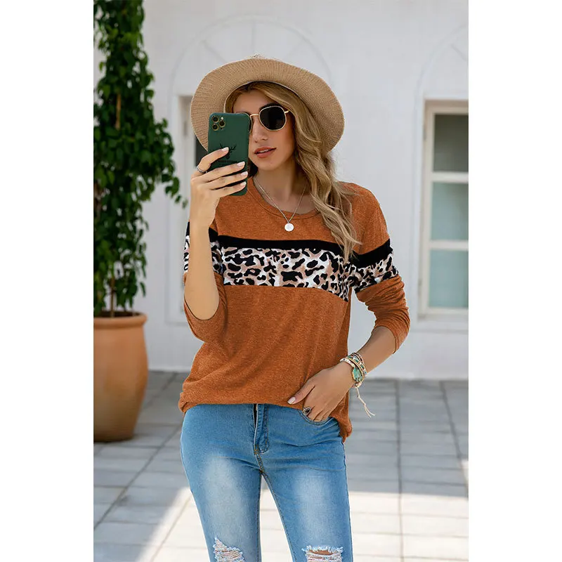 

Women Long Sleeve T Shirt Leopard Patchwork Top O-neck Tops Tee Autumn Loose Tee Shirts Female Fashion Top Lady Streetwear Goth