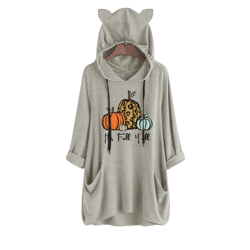 

2021 Fall Fashion Women's Hoodie Cute Cat Ears Pockets Trendy picture Print