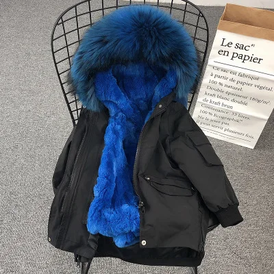 Black Royal Blue Детское пальто с мехом; зимняя одежда для мальчиков и девочек; детские куртки с натуральным кроличьим мехом; Верхняя одежда для девочек; плотная теплая парка; детская ветровка; TZ336 - Цвет: Black Royal Blue