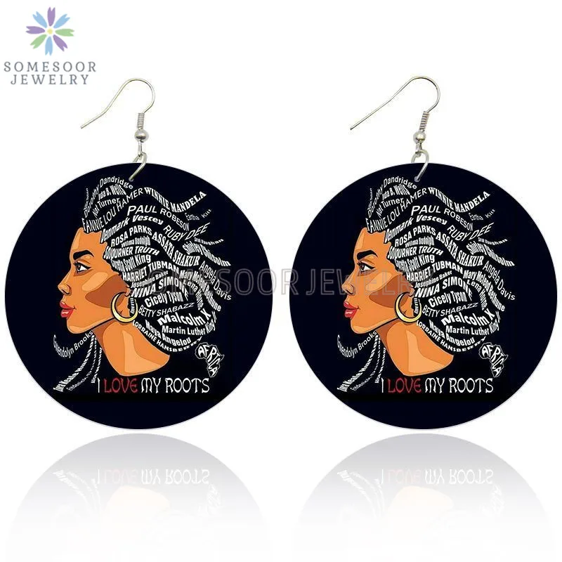 

SOMESOOR Love My Roots African Wooden Drop Earrings Black Sayings Afro Natural Hair Designs Both Sides Printed For Women Gifts