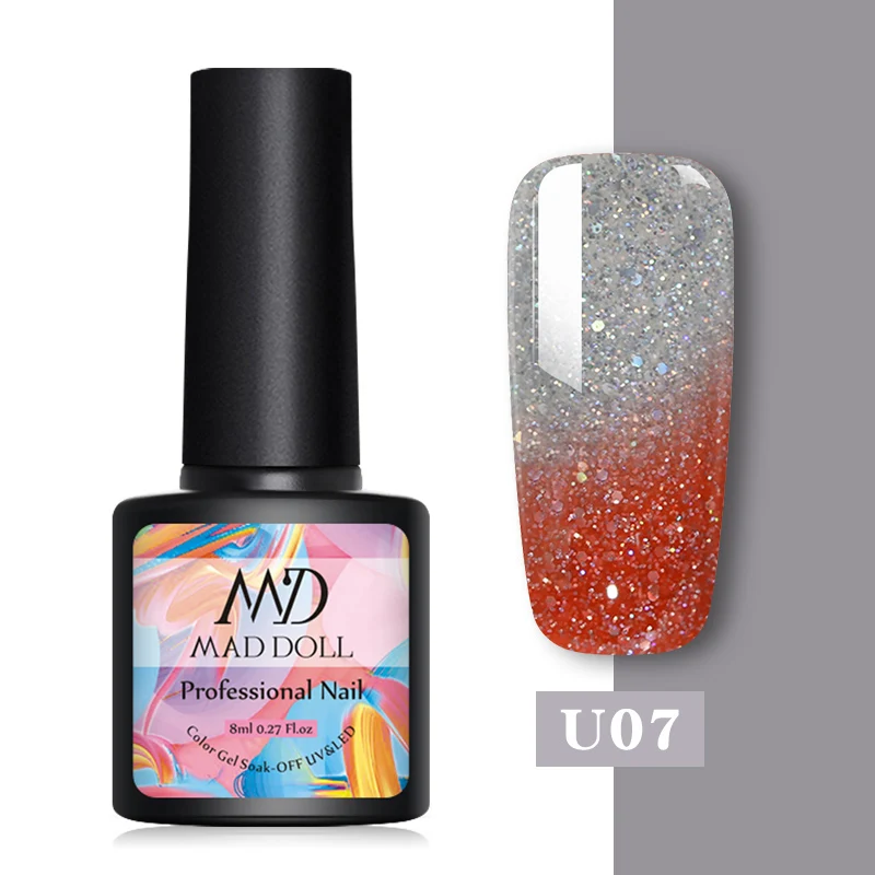 U07 MAD DOLL 1 бутылка 8 мл меняющий цвет УФ Гель-лак блестки термальный гель для ногтей отмачиваемый Гель-лак для нейл-арта лак 14 цветов - Цвет: U07