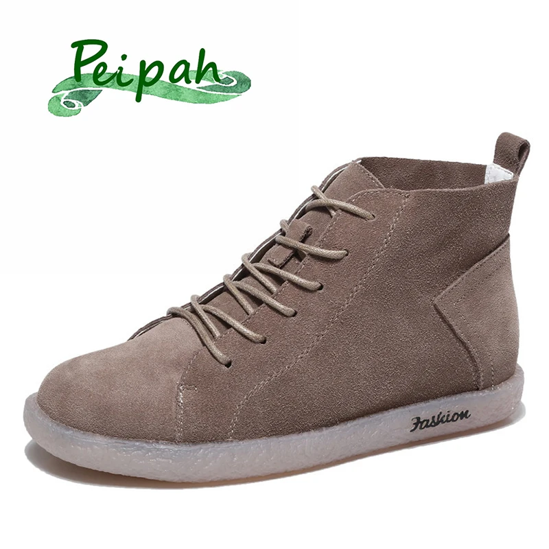 

PEIPAH 2021 Flat with Genuine Leather Students' Ankle Boots For Women's Casual Fashion Martin Boots Female Platform Sewing Shoes