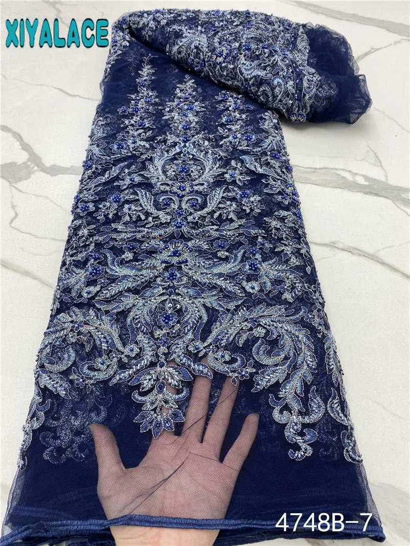 

New Handmade Beaded Lace African Lace Fabric with Sequins Nigerian French Lace Fabrics High Quality Lace For Dress Sewing KS4748