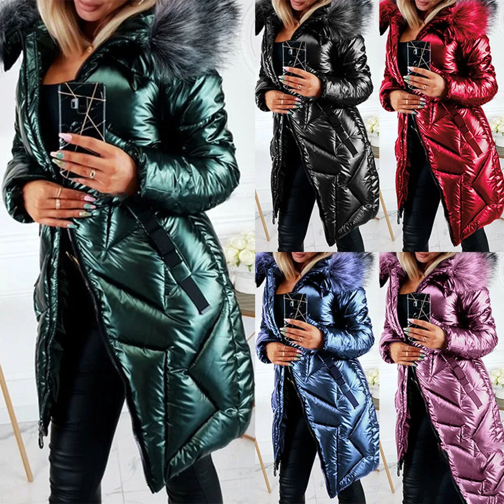 Women's Winter New Thick And Warm Long Solid Color Jacket With Faux Fur Collar Hooded Long Sleeves Solid Color Simple Jacket