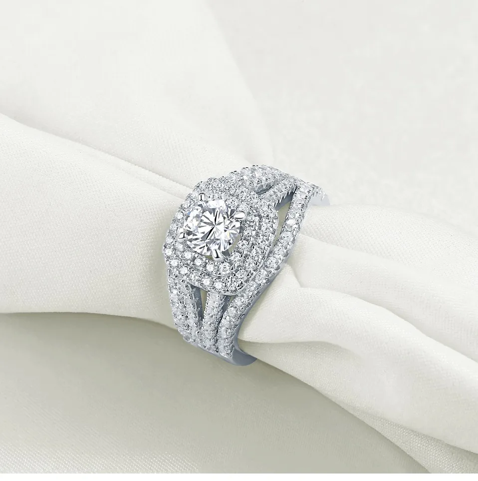 Newshe 3 шт. 925 пробы серебряные обручальные кольца для женщин 2 Ct AAA CZ Синие боковые камни классические ювелирные изделия обручальное кольцо набор
