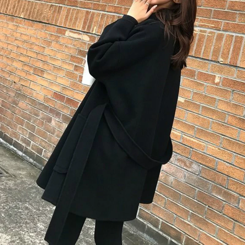 

Blends Women Black Pockets Wool Adjustable Waist Full Sleeve Simple Classic Elegant Office Ladies Korean Style Loose Coats New