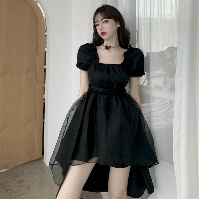 

Summer 2022 Gothic Black Dress Women Waist Slim Punk Irregular Square Collar Temperament Bubble Short Sleeve Cool Skirts