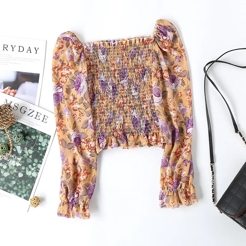 

HziriP 2020 New Women Office Lady Florals Chiffon High Waist Square Collar Female Loose Chic Tops Casual All Match Basic Shirts