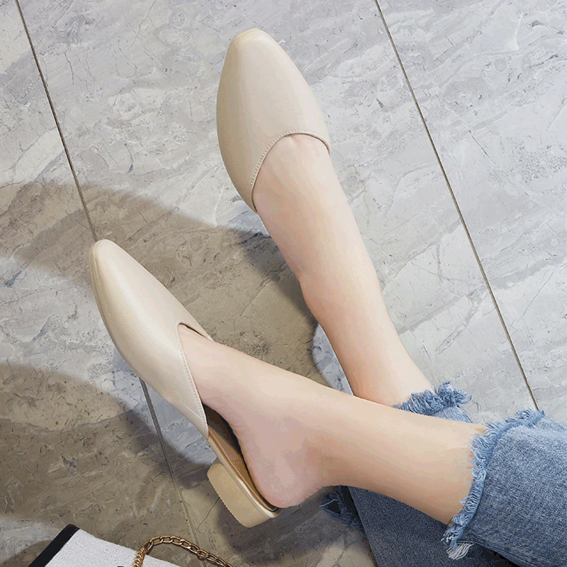 

2021 summer new simple flat bottom low-cut pointed toe women's shoes solid color retro half-pack sandals for women's outer wear