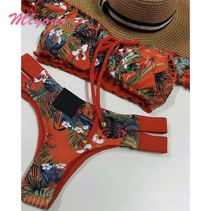 

Бикини с растительным принтом, дизайнерский купальник 2021, купальник, женская сексуальная пляжная одежда, бандажный комплект бикини, Бразил...