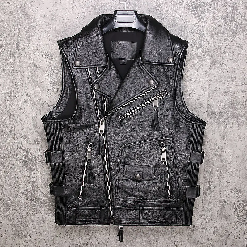 

2020 Vintage Brown Men American Style Biker's Vest Plus Size 6XL Genuine Thick Cowhide Autumn Short Motorcycle Leather V