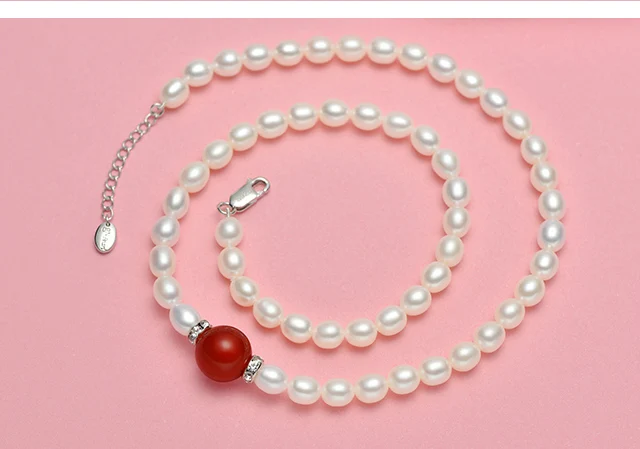 

gN Pearl 6-8mm Genuien White Natural Freshwater Drop Pearl Necklaces Onyx Green Agate Pendants S925 Clasp Chains gNPearl