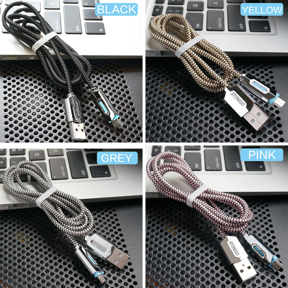 STONEGO светодиодный кабель с индикатором usb type C и Micro USB Кабель-адаптер с нейлоновой оплеткой кабель для синхронизации данных и зарядки 0,5 м 1 м 2 м 3 м